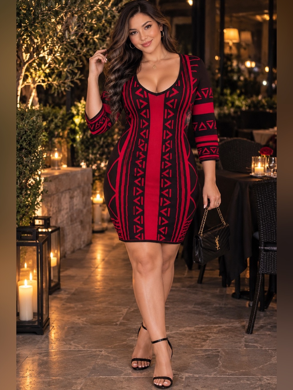 Derek Heart Sweater Dress Red Black Geometric Tribal Bodycon large